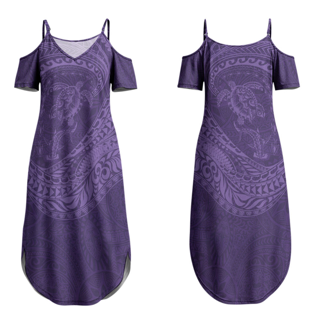 Hawaiian Turtle and Shark Couples Matching Summer Maxi Dress and Hawaiian Shirt Kakau Tribal with Polynesian Pattern Purple Color
