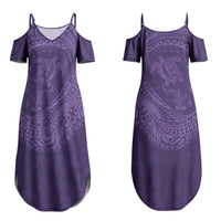 Hawaiian Turtle and Shark Couples Matching Summer Maxi Dress and Long Sleeve Button Shirt Kakau Tribal with Polynesian Pattern Purple Color