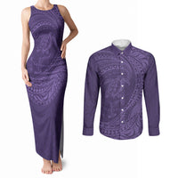 Hawaiian Turtle and Shark Couples Matching Tank Maxi Dress and Long Sleeve Button Shirt Kakau Tribal with Polynesian Pattern Purple Color