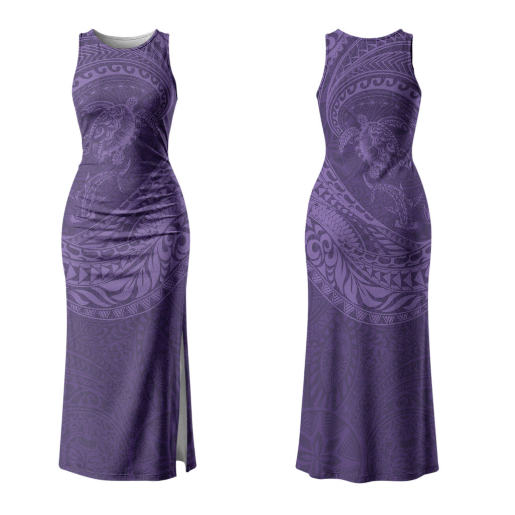 Hawaiian Turtle and Shark Couples Matching Tank Maxi Dress and Long Sleeve Button Shirt Kakau Tribal with Polynesian Pattern Purple Color