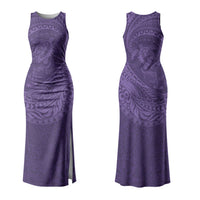 Hawaiian Turtle and Shark Couples Matching Tank Maxi Dress and Long Sleeve Button Shirt Kakau Tribal with Polynesian Pattern Purple Color