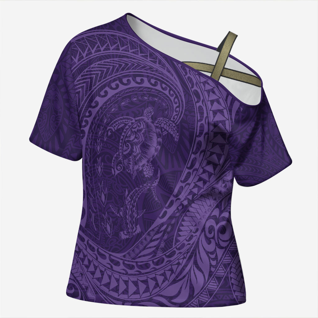 Hawaiian Turtle and Shark Cross Shoulder Shirt Kakau Tribal with Polynesian Pattern Purple Color