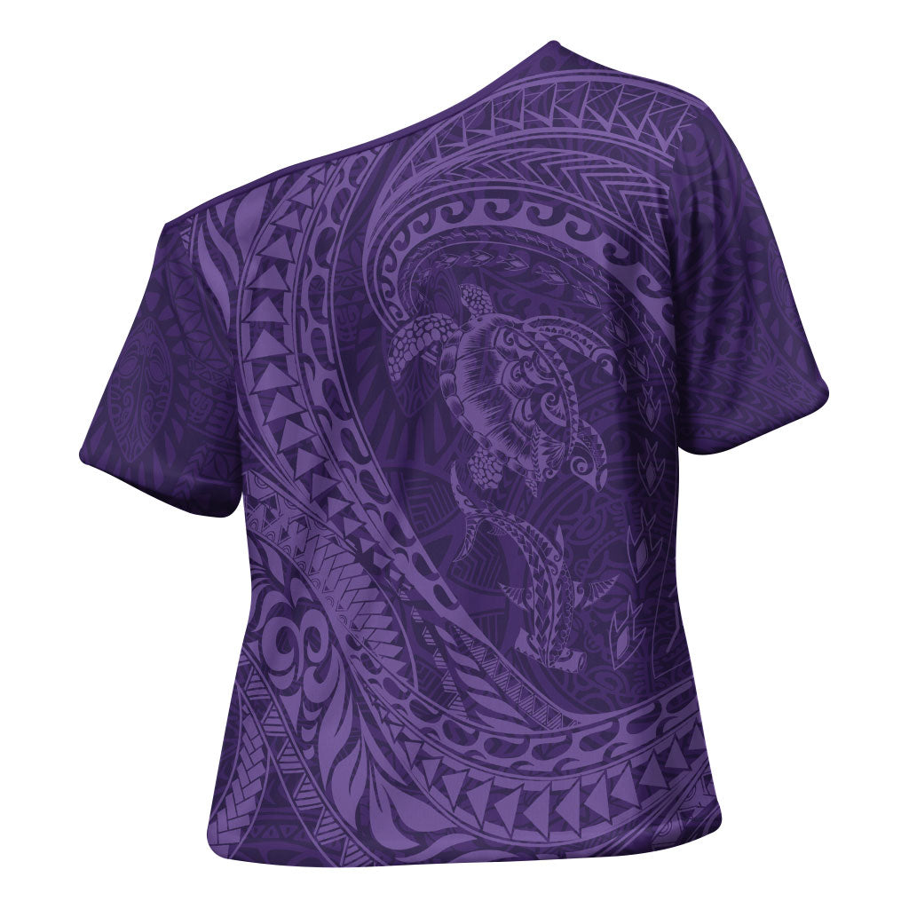Hawaiian Turtle and Shark Cross Shoulder Shirt Kakau Tribal with Polynesian Pattern Purple Color