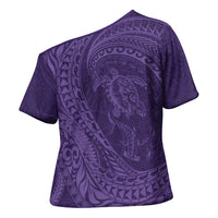 Hawaiian Turtle and Shark Cross Shoulder Shirt Kakau Tribal with Polynesian Pattern Purple Color