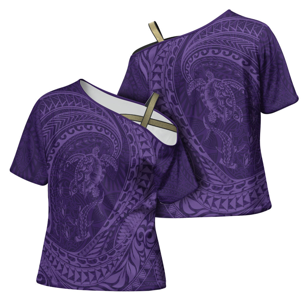 Hawaiian Turtle and Shark Cross Shoulder Shirt Kakau Tribal with Polynesian Pattern Purple Color