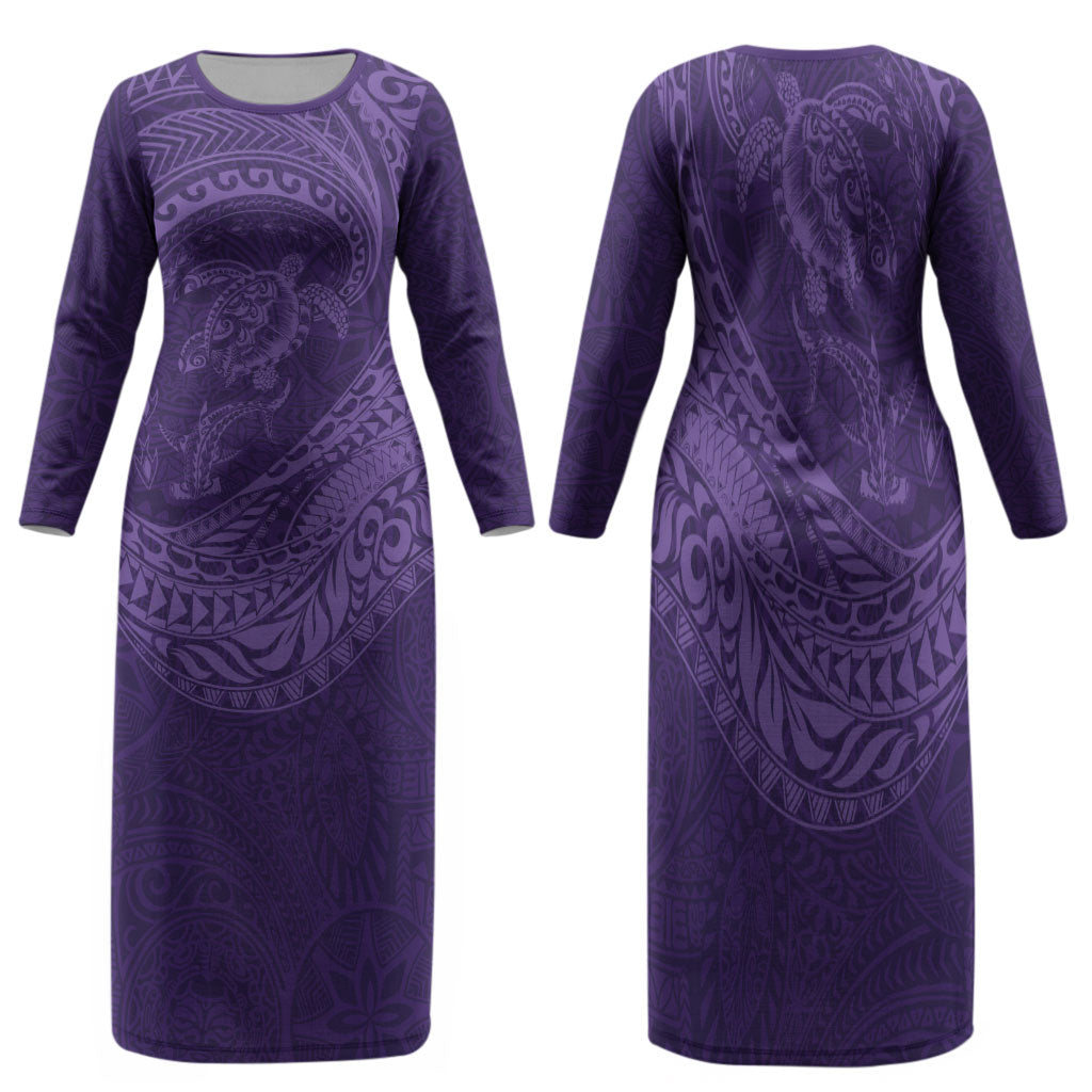 Hawaiian Turtle and Shark Family Matching Long Sleeve Bodycon Dress and Hawaiian Shirt Kakau Tribal with Polynesian Pattern Purple Color
