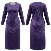 Hawaiian Turtle and Shark Family Matching Long Sleeve Bodycon Dress and Hawaiian Shirt Kakau Tribal with Polynesian Pattern Purple Color