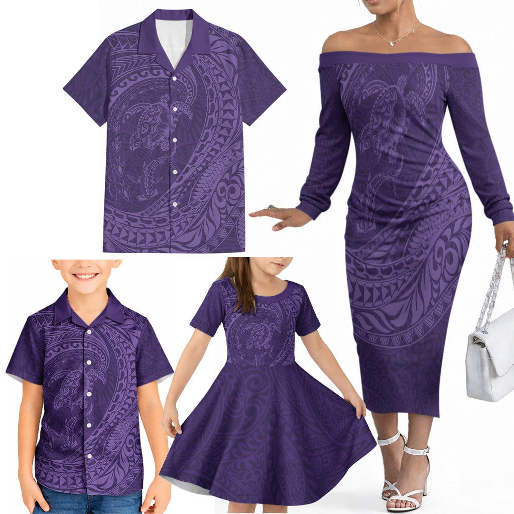 Hawaiian Turtle and Shark Family Matching Off The Shoulder Long Sleeve Dress and Hawaiian Shirt Kakau Tribal with Polynesian Pattern Purple Color
