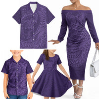 Hawaiian Turtle and Shark Family Matching Off The Shoulder Long Sleeve Dress and Hawaiian Shirt Kakau Tribal with Polynesian Pattern Purple Color