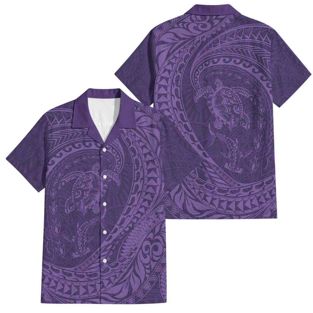 Hawaiian Turtle and Shark Family Matching Off The Shoulder Long Sleeve Dress and Hawaiian Shirt Kakau Tribal with Polynesian Pattern Purple Color