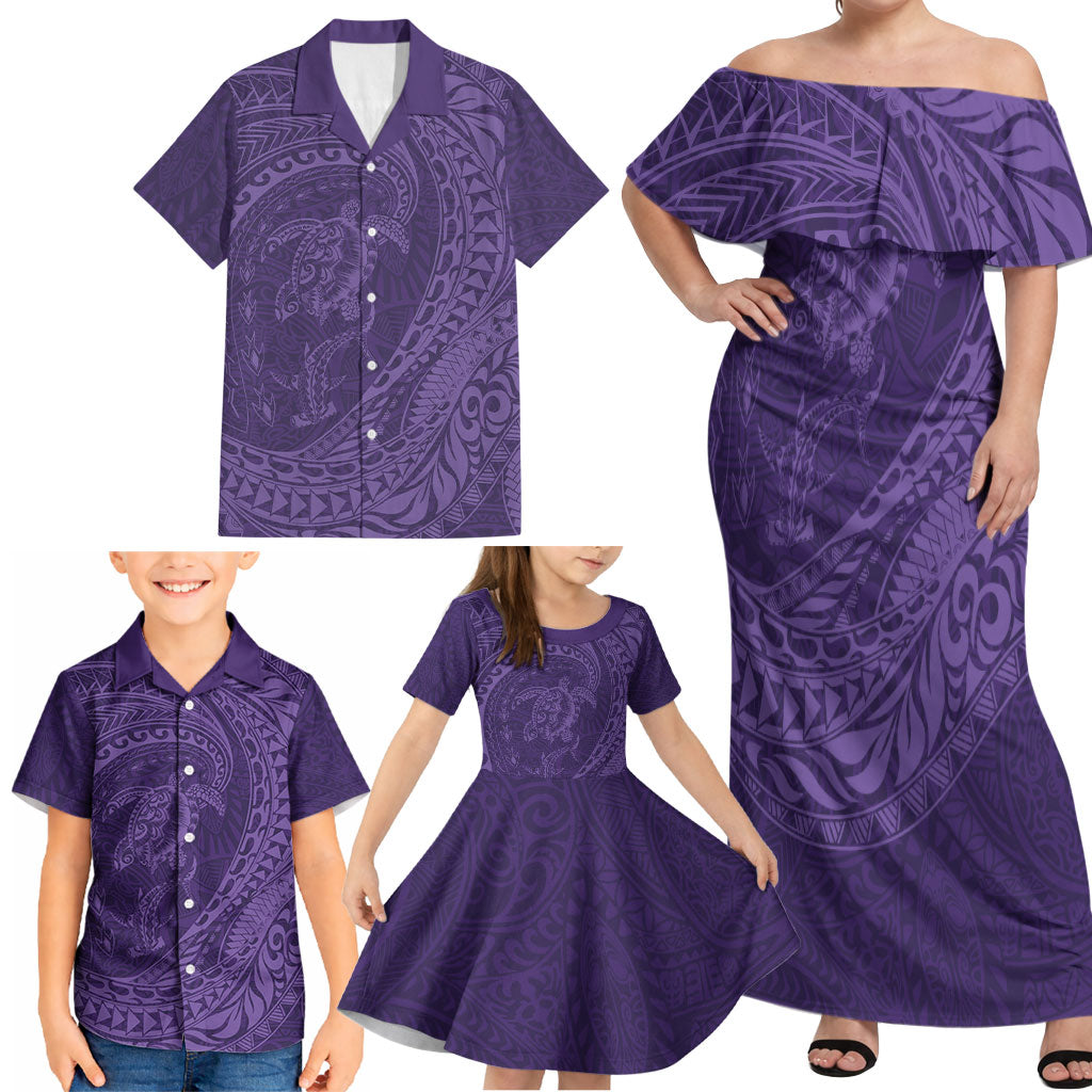 Hawaiian Turtle and Shark Family Matching Off Shoulder Maxi Dress and Hawaiian Shirt Kakau Tribal with Polynesian Pattern Purple Color