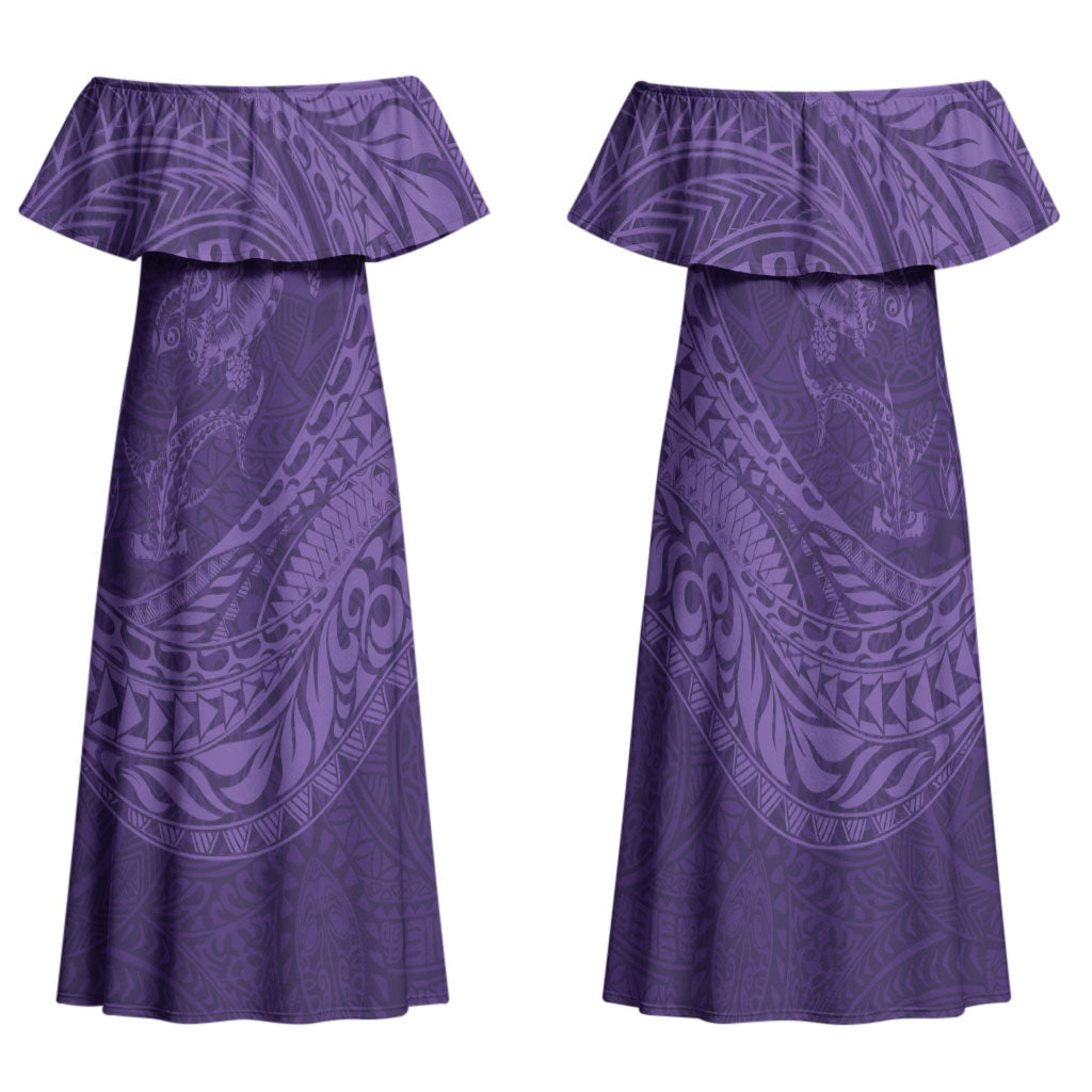 Hawaiian Turtle and Shark Family Matching Off Shoulder Maxi Dress and Hawaiian Shirt Kakau Tribal with Polynesian Pattern Purple Color