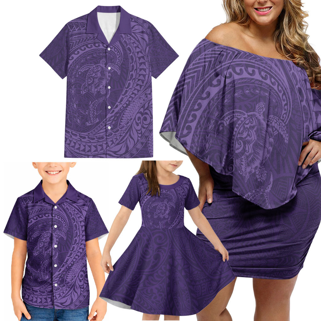 Hawaiian Turtle and Shark Family Matching Off Shoulder Short Dress and Hawaiian Shirt Kakau Tribal with Polynesian Pattern Purple Color