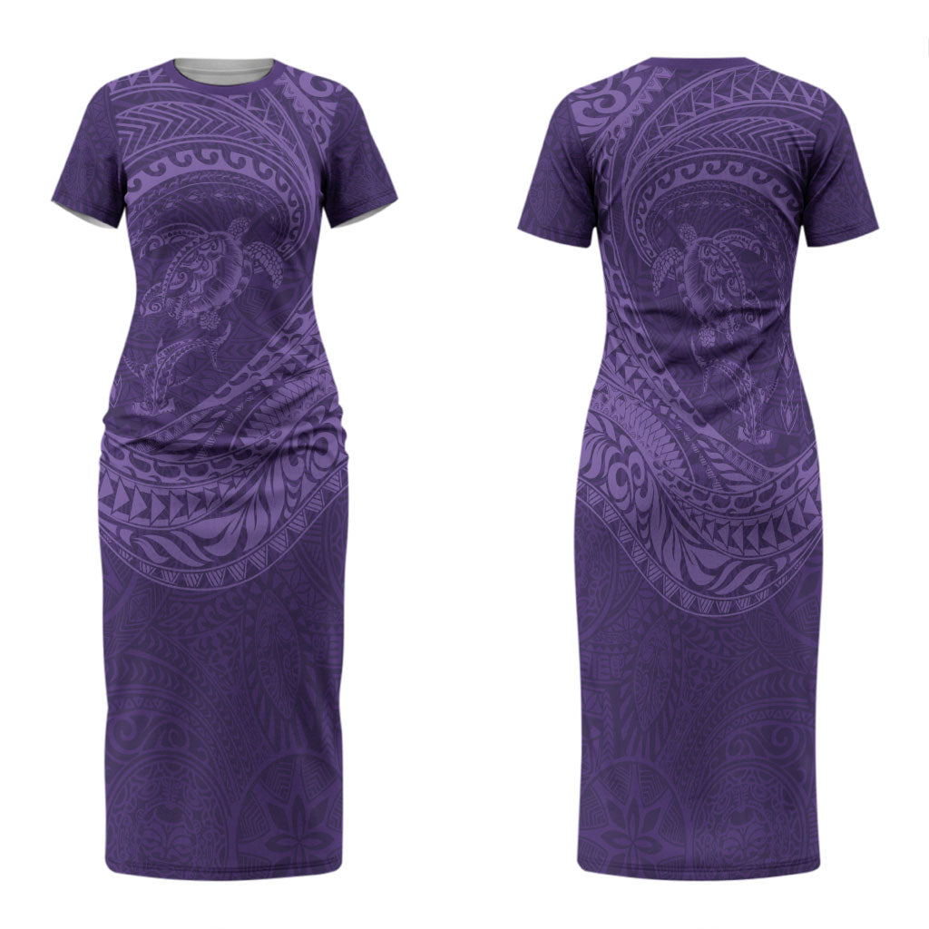 Hawaiian Turtle and Shark Family Matching Short Sleeve Bodycon Dress and Hawaiian Shirt Kakau Tribal with Polynesian Pattern Purple Color