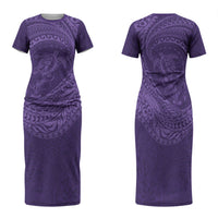 Hawaiian Turtle and Shark Family Matching Short Sleeve Bodycon Dress and Hawaiian Shirt Kakau Tribal with Polynesian Pattern Purple Color