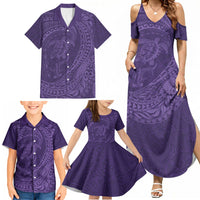 Hawaiian Turtle and Shark Family Matching Summer Maxi Dress and Hawaiian Shirt Kakau Tribal with Polynesian Pattern Purple Color