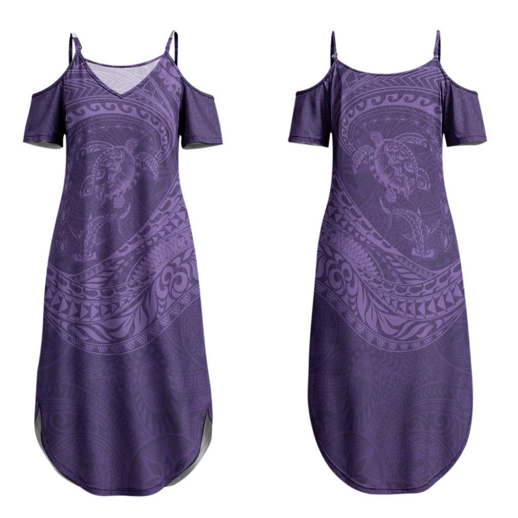 Hawaiian Turtle and Shark Family Matching Summer Maxi Dress and Hawaiian Shirt Kakau Tribal with Polynesian Pattern Purple Color