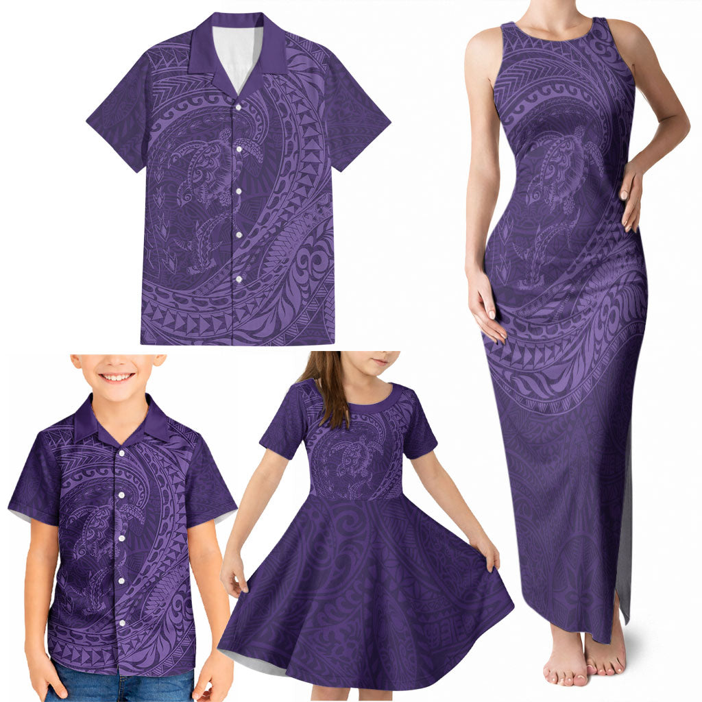Hawaiian Turtle and Shark Family Matching Tank Maxi Dress and Hawaiian Shirt Kakau Tribal with Polynesian Pattern Purple Color