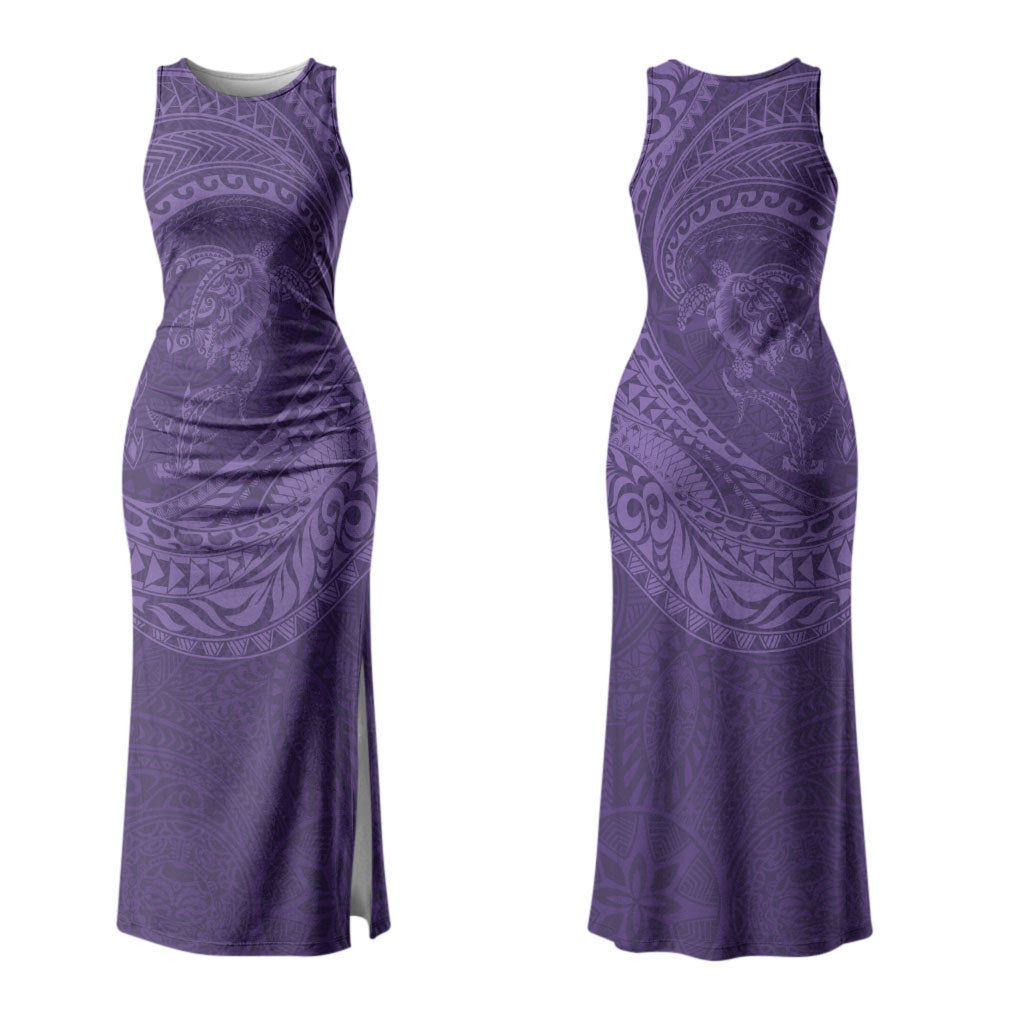 Hawaiian Turtle and Shark Family Matching Tank Maxi Dress and Hawaiian Shirt Kakau Tribal with Polynesian Pattern Purple Color