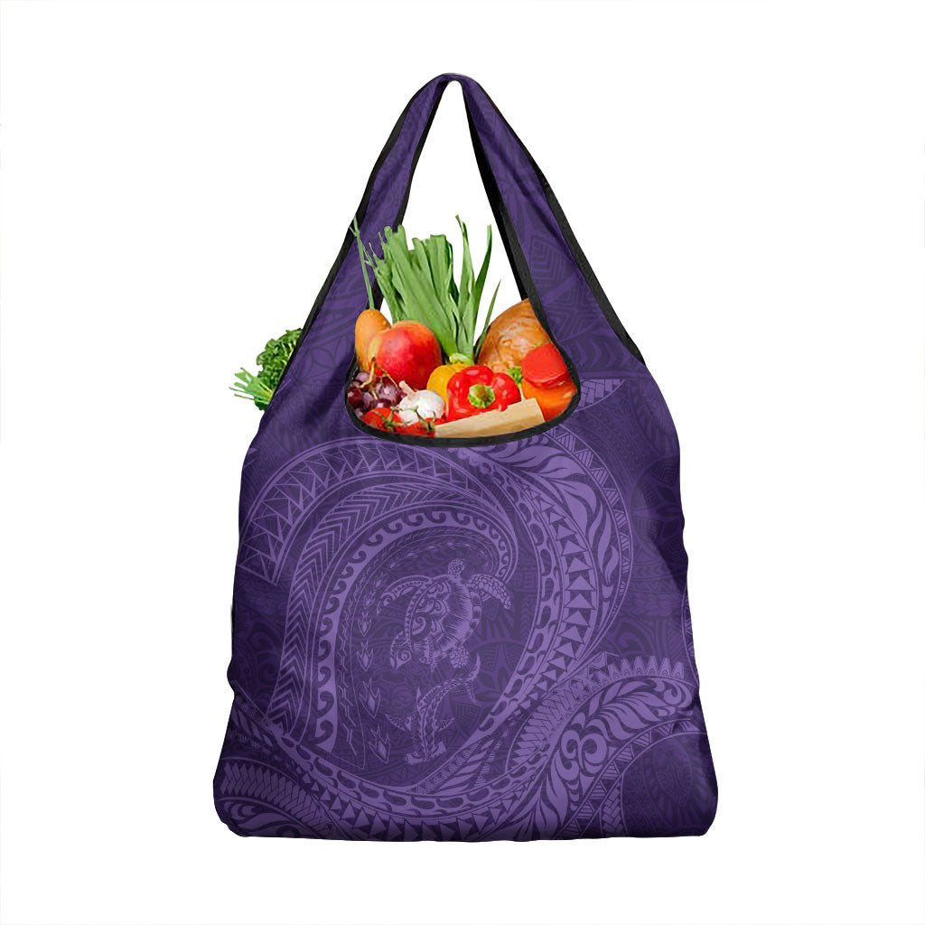 Hawaiian Turtle and Shark Grocery Bag Kakau Tribal with Polynesian Pattern Purple Color