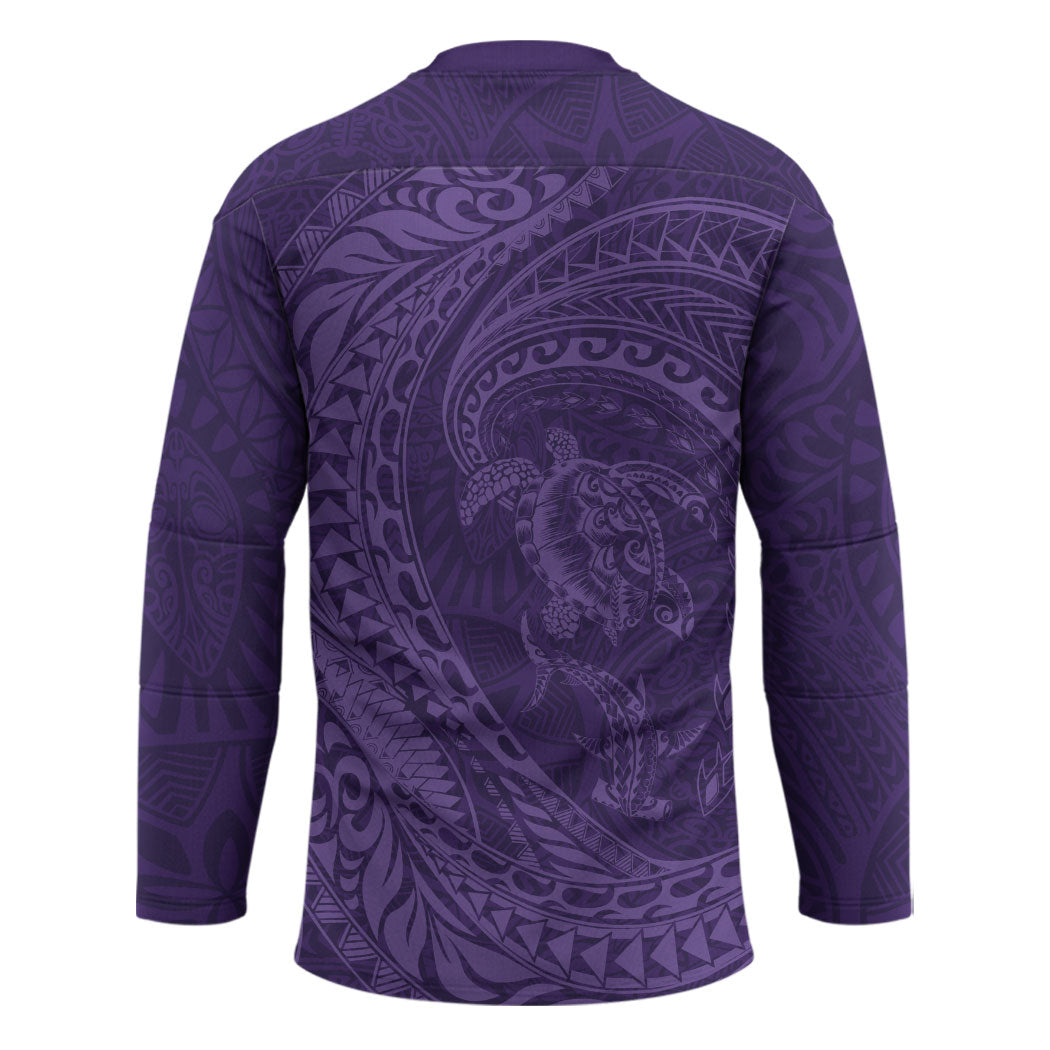 Hawaiian Turtle and Shark Hockey Jersey Kakau Tribal with Polynesian Pattern Purple Color