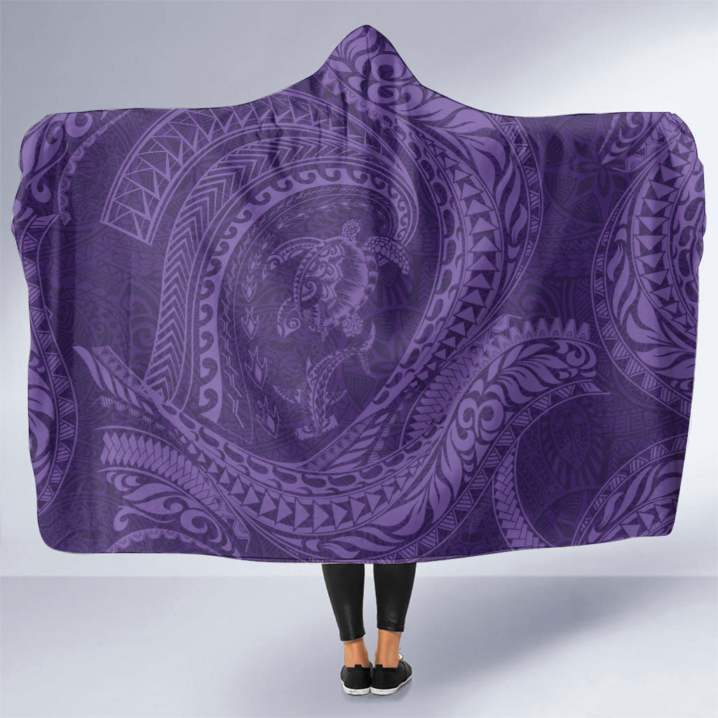 Hawaiian Turtle and Shark Hooded Blanket Kakau Tribal with Polynesian Pattern Purple Color