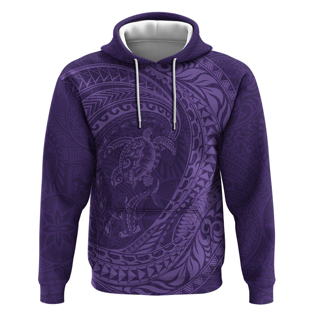 Hawaiian Turtle and Shark Hoodie Kakau Tribal with Polynesian Pattern Purple Color