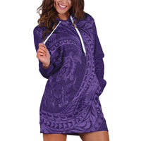 Hawaiian Turtle and Shark Hoodie Dress Kakau Tribal with Polynesian Pattern Purple Color