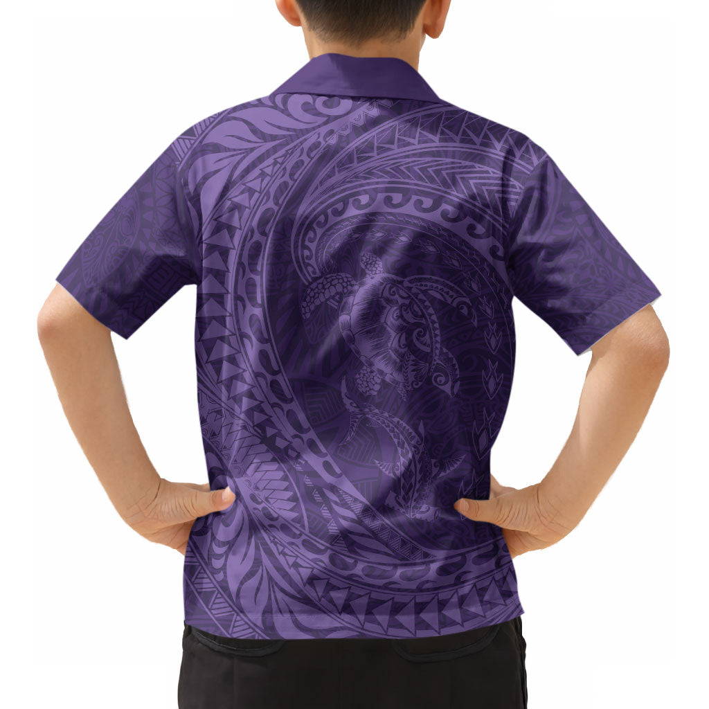 Hawaiian Turtle and Shark Kid Hawaiian Shirt Kakau Tribal with Polynesian Pattern Purple Color