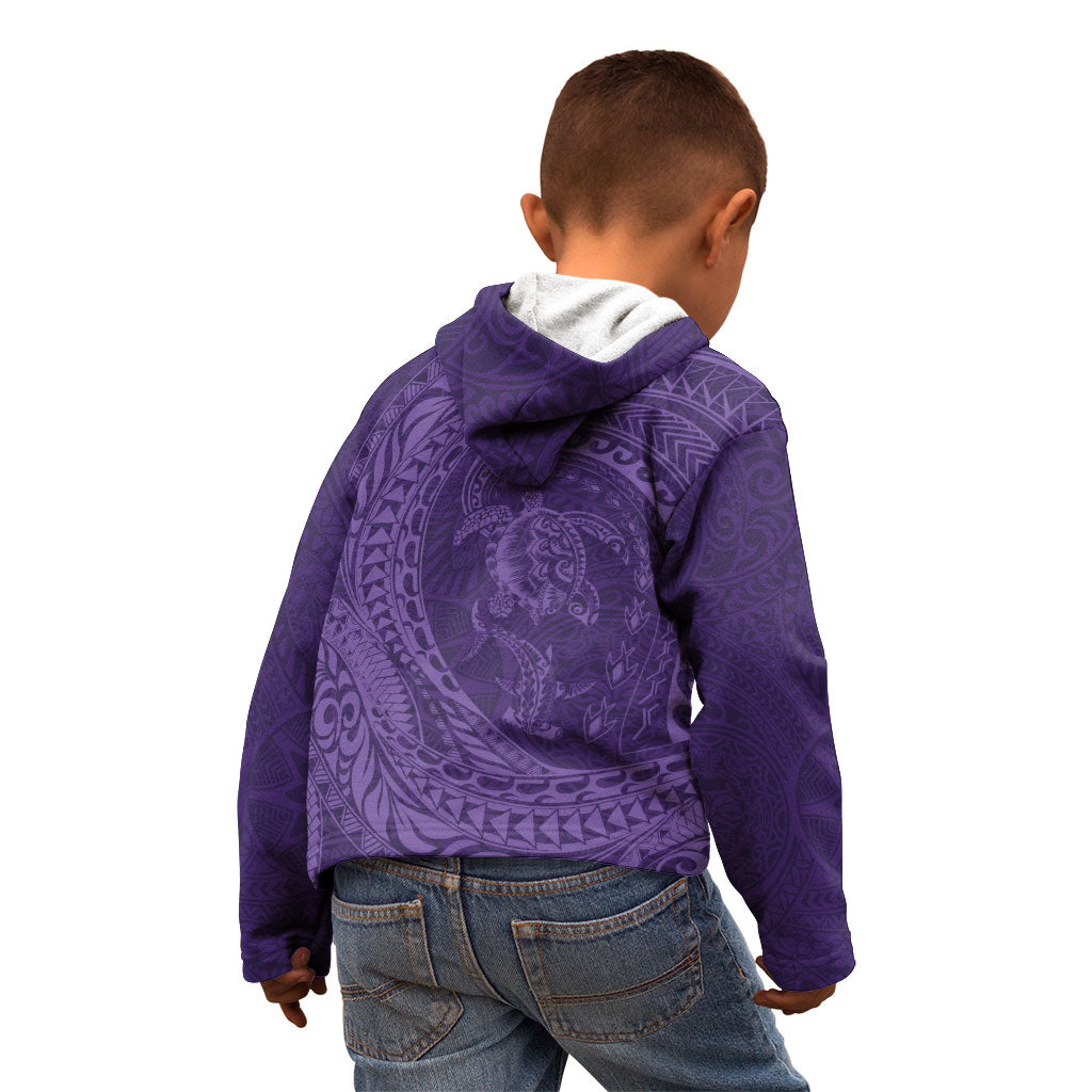 Hawaiian Turtle and Shark Kid Hoodie Kakau Tribal with Polynesian Pattern Purple Color