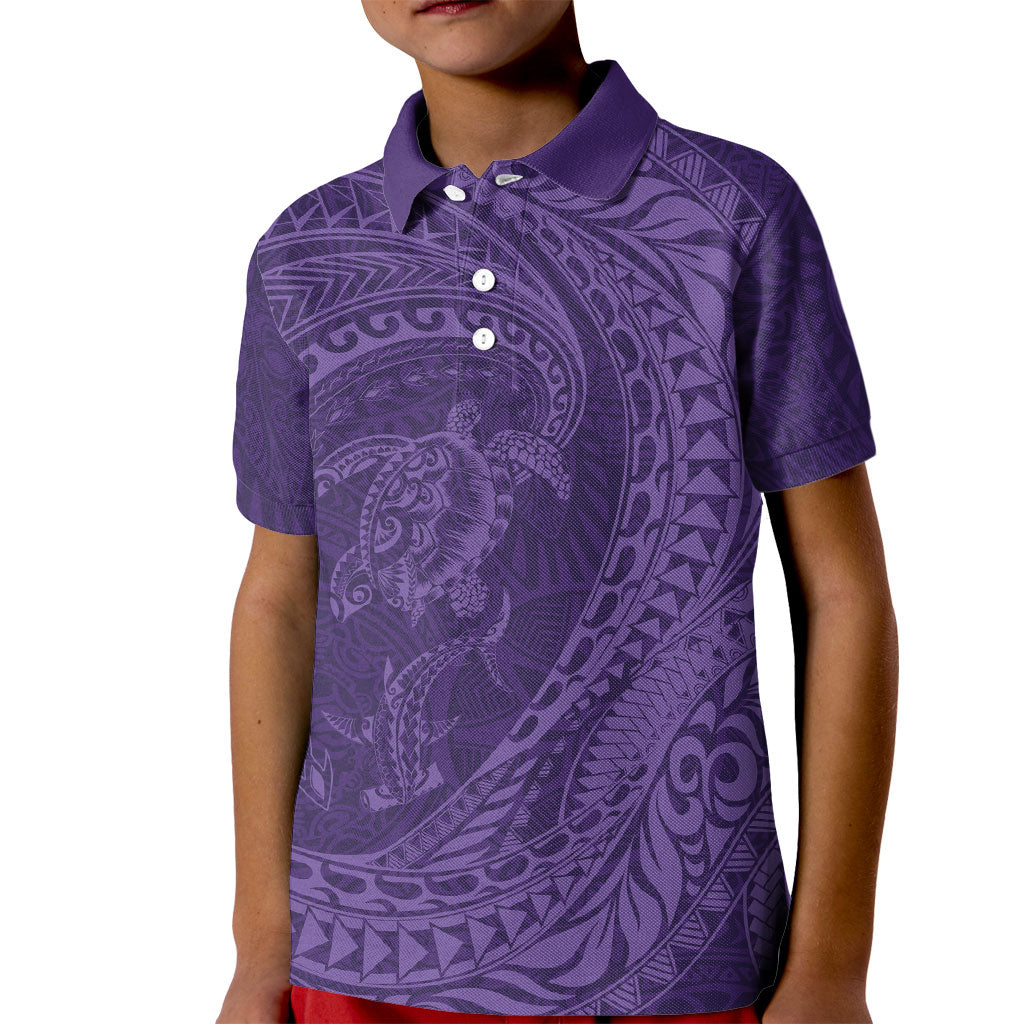 Hawaiian Turtle and Shark Kid Polo Shirt Kakau Tribal with Polynesian Pattern Purple Color