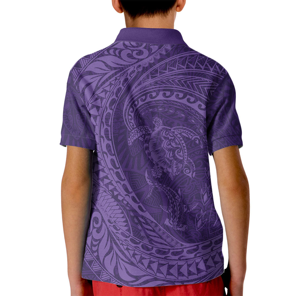 Hawaiian Turtle and Shark Kid Polo Shirt Kakau Tribal with Polynesian Pattern Purple Color