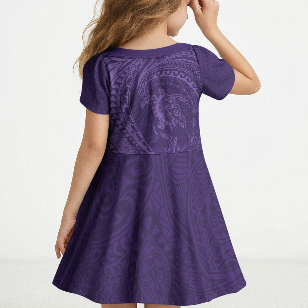 Hawaiian Turtle and Shark Kid Short Sleeve Dress Kakau Tribal with Polynesian Pattern Purple Color