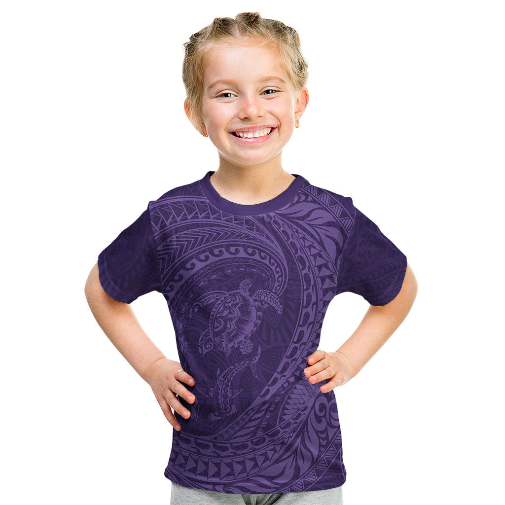 Hawaiian Turtle and Shark Kid T Shirt Kakau Tribal with Polynesian Pattern Purple Color