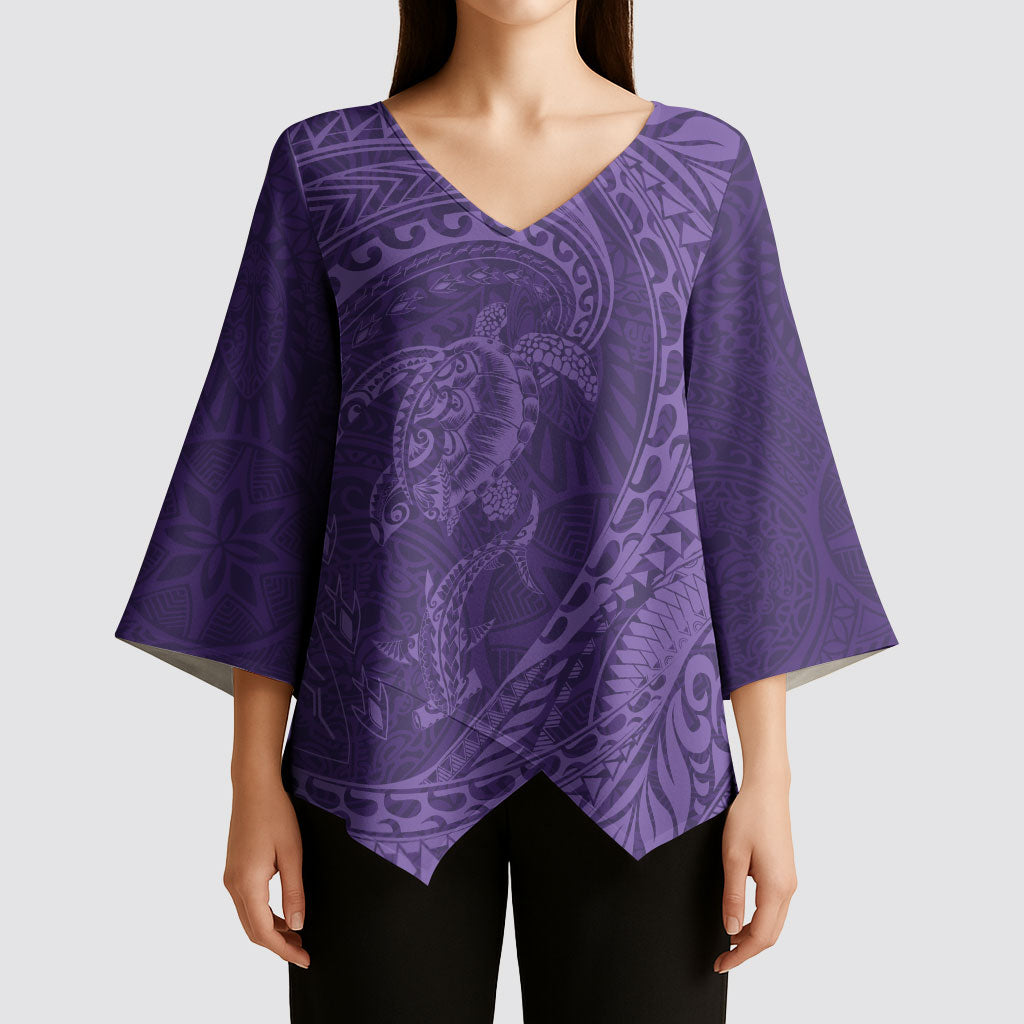 Hawaiian Turtle and Shark Kimono Sleeve Blouse Kakau Tribal with Polynesian Pattern Purple Color