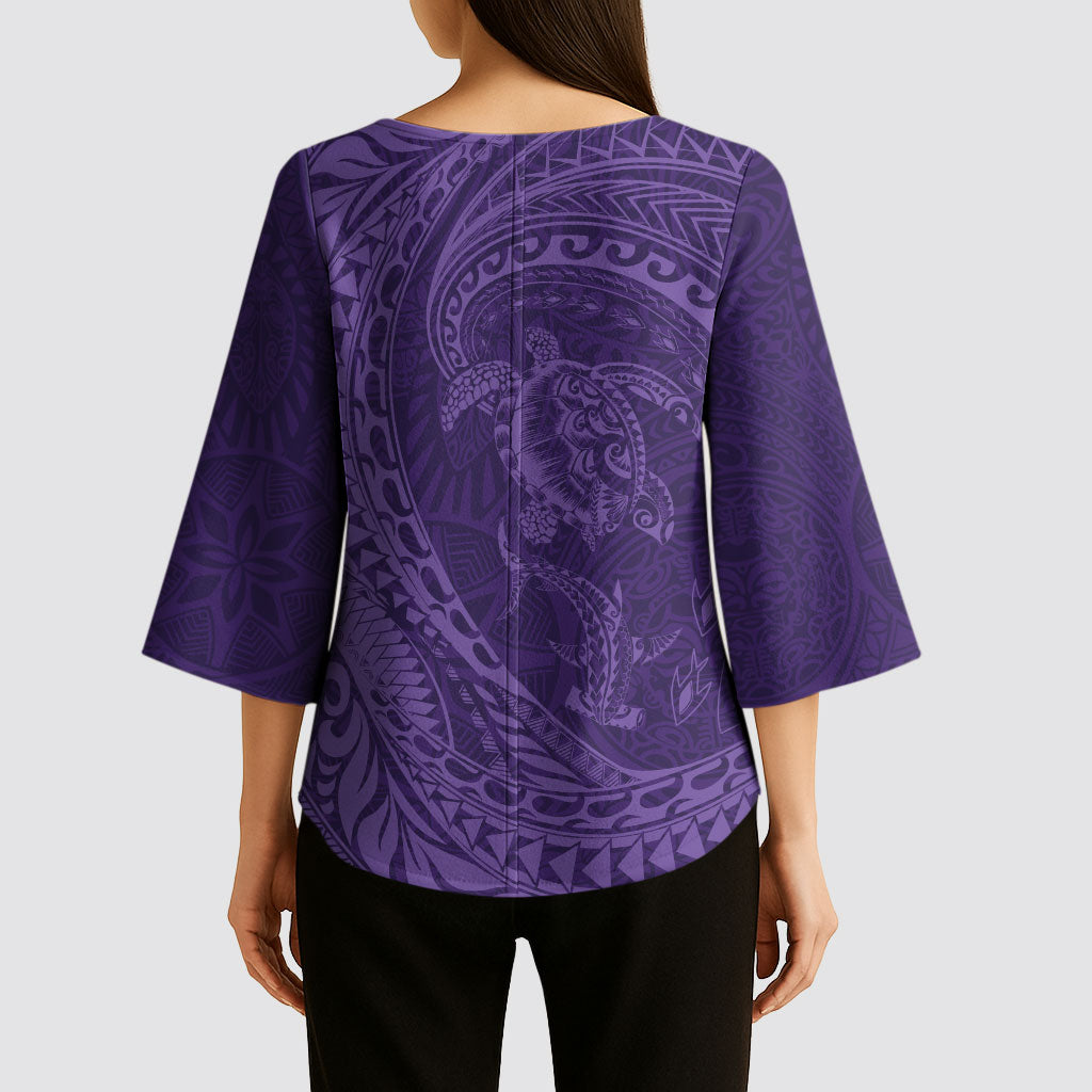 Hawaiian Turtle and Shark Kimono Sleeve Blouse Kakau Tribal with Polynesian Pattern Purple Color