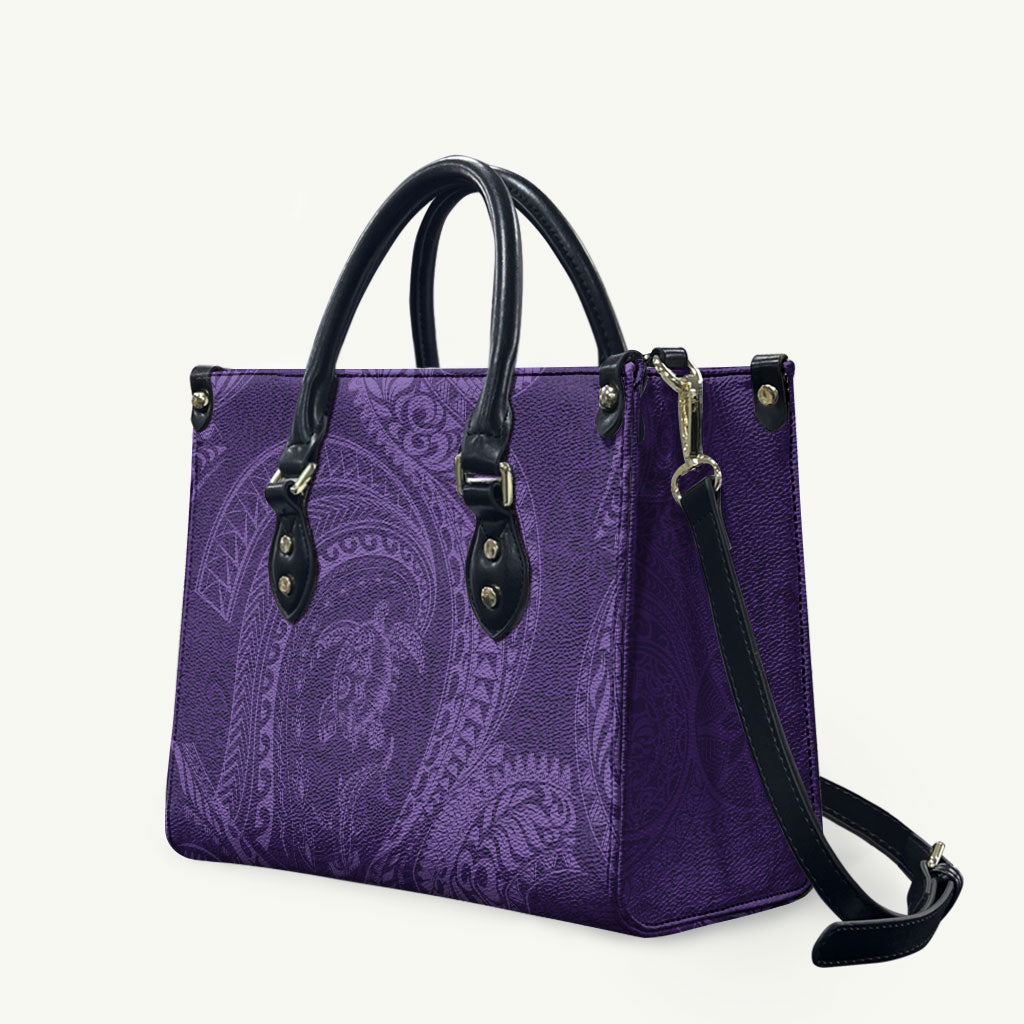 Hawaiian Turtle and Shark Leather Bag Kakau Tribal with Polynesian Pattern Purple Color