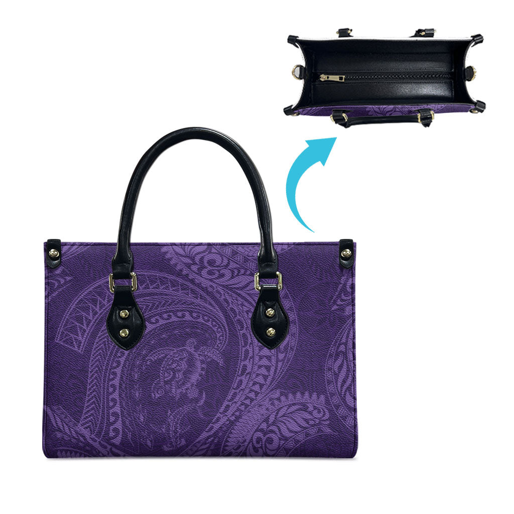 Hawaiian Turtle and Shark Leather Bag Kakau Tribal with Polynesian Pattern Purple Color