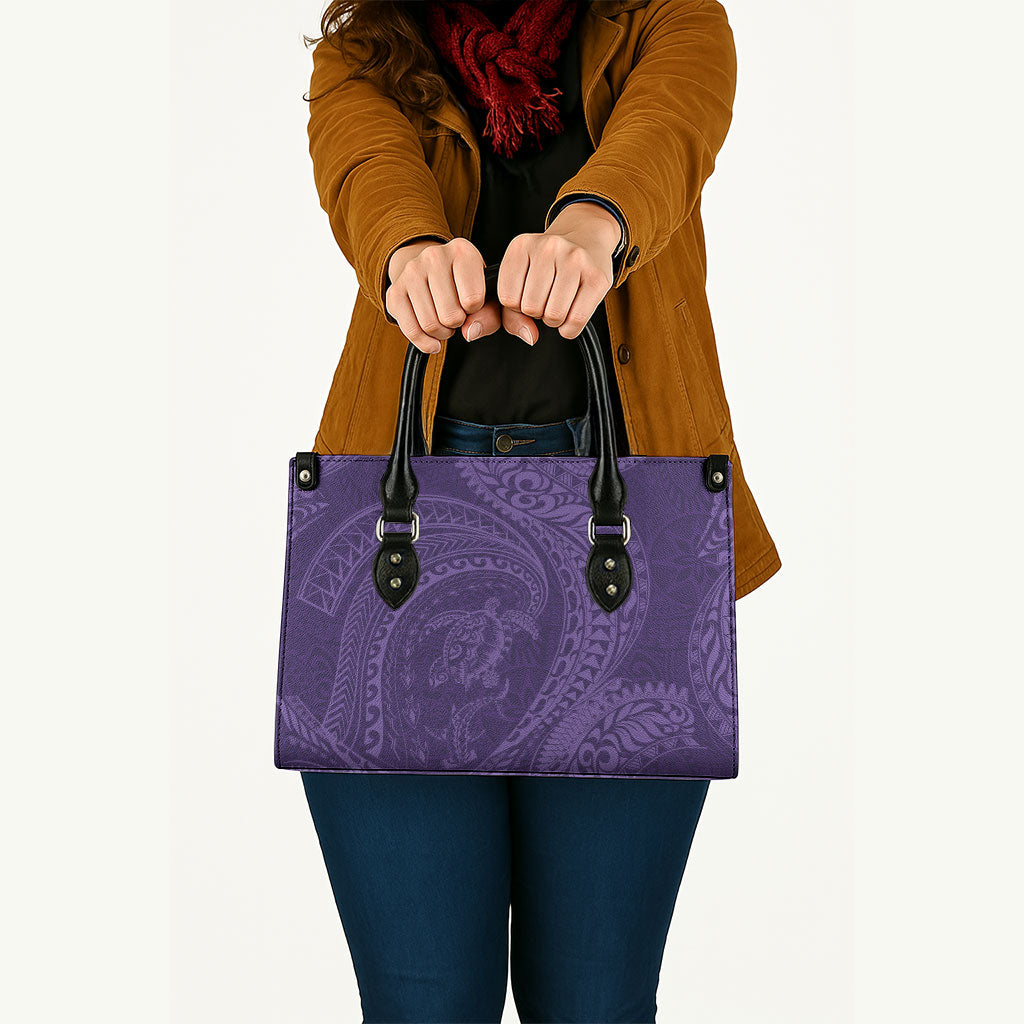 Hawaiian Turtle and Shark Leather Bag Kakau Tribal with Polynesian Pattern Purple Color
