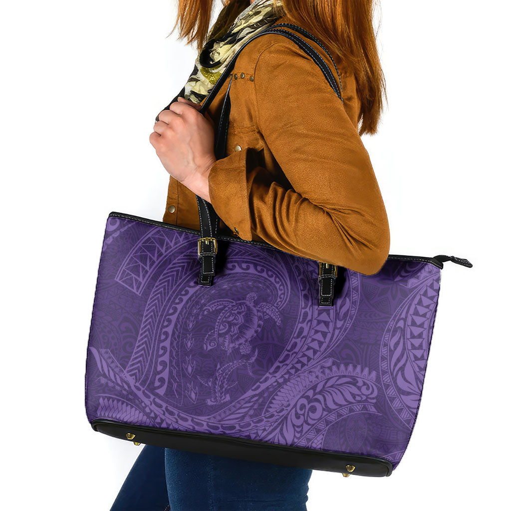 Hawaiian Turtle and Shark Leather Tote Bag Kakau Tribal with Polynesian Pattern Purple Color