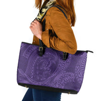 Hawaiian Turtle and Shark Leather Tote Bag Kakau Tribal with Polynesian Pattern Purple Color