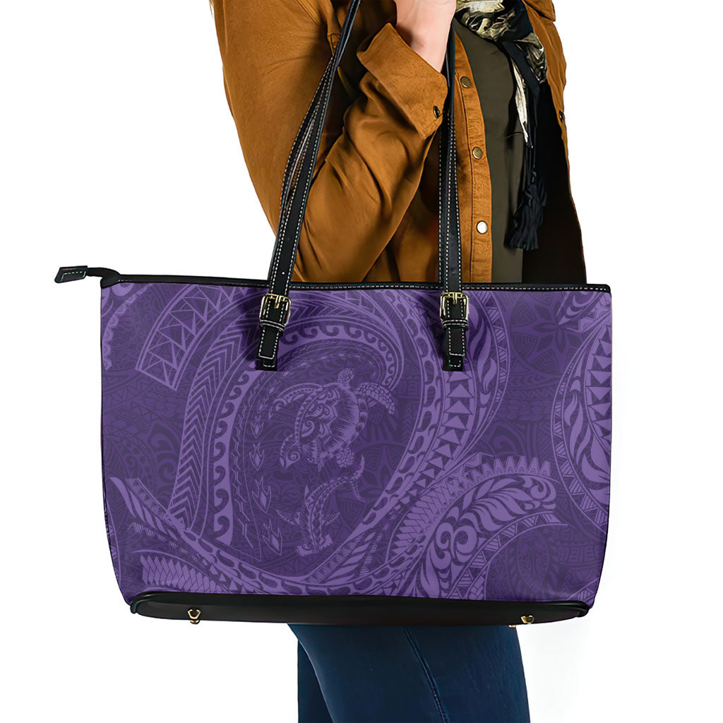 Hawaiian Turtle and Shark Leather Tote Bag Kakau Tribal with Polynesian Pattern Purple Color