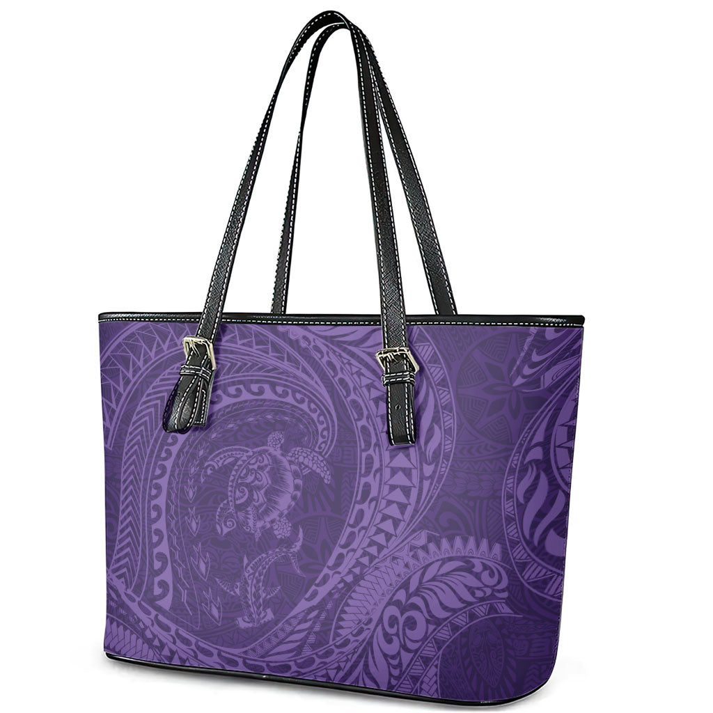 Hawaiian Turtle and Shark Leather Tote Bag Kakau Tribal with Polynesian Pattern Purple Color