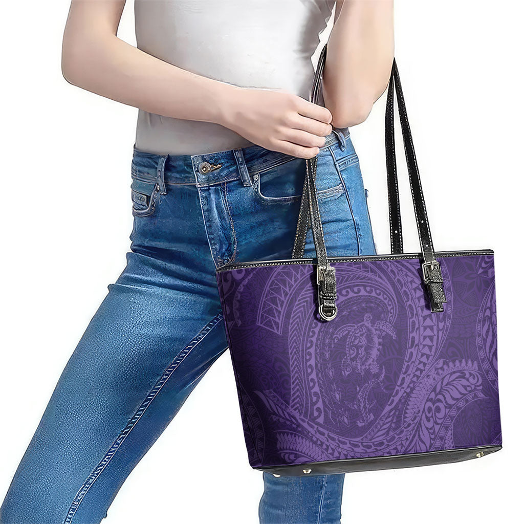 Hawaiian Turtle and Shark Leather Tote Bag Kakau Tribal with Polynesian Pattern Purple Color