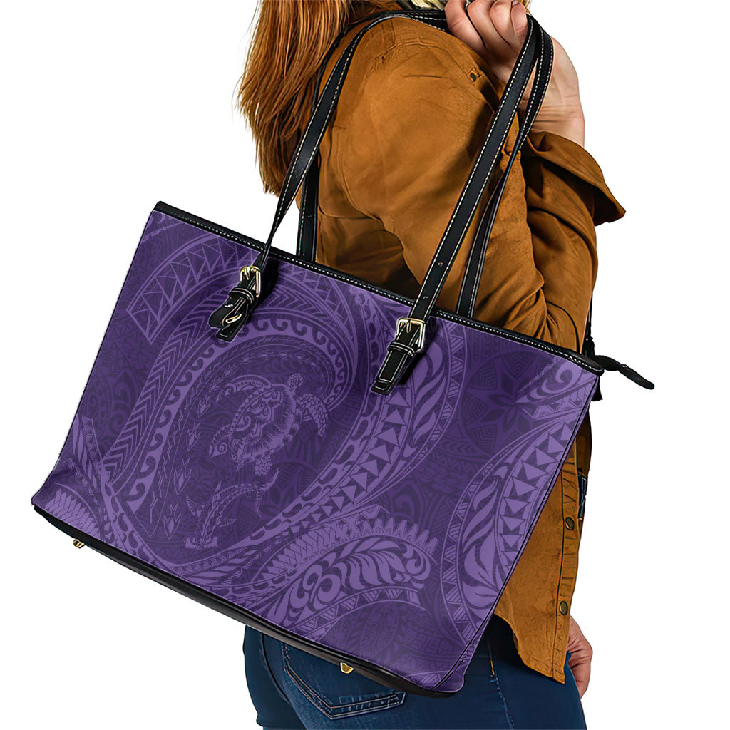 Hawaiian Turtle and Shark Leather Tote Bag Kakau Tribal with Polynesian Pattern Purple Color