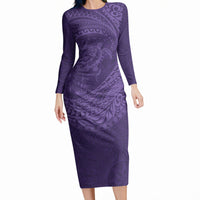 Hawaiian Turtle and Shark Long Sleeve Bodycon Dress Kakau Tribal with Polynesian Pattern Purple Color