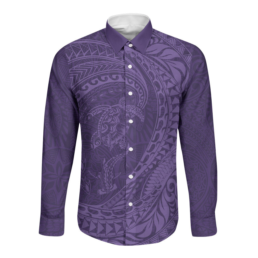 Hawaiian Turtle and Shark Long Sleeve Button Shirt Kakau Tribal with Polynesian Pattern Purple Color