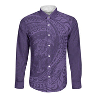 Hawaiian Turtle and Shark Long Sleeve Button Shirt Kakau Tribal with Polynesian Pattern Purple Color