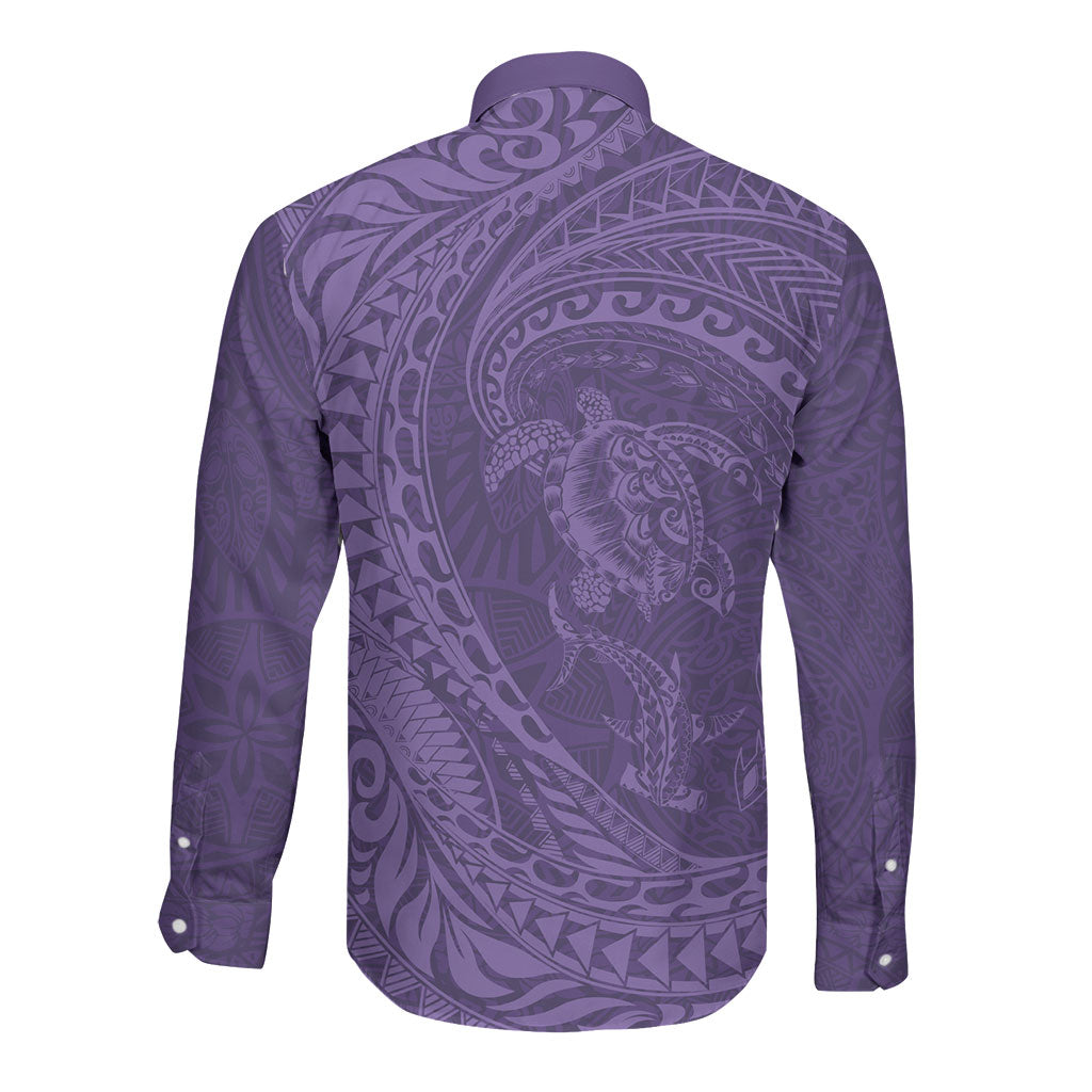 Hawaiian Turtle and Shark Long Sleeve Button Shirt Kakau Tribal with Polynesian Pattern Purple Color