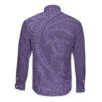Hawaiian Turtle and Shark Long Sleeve Button Shirt Kakau Tribal with Polynesian Pattern Purple Color